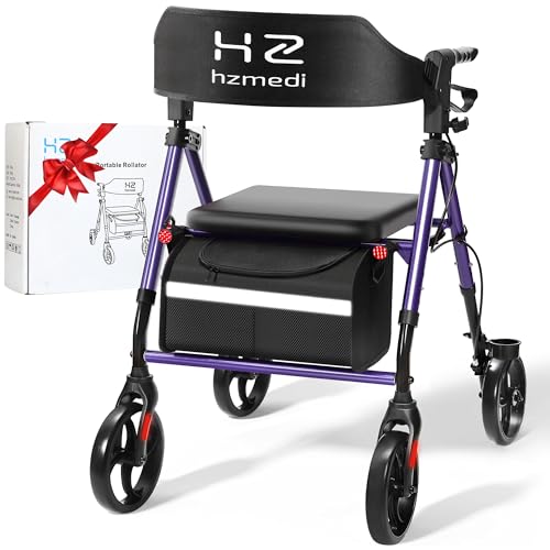 Walkers for Seniors, Walkers with Seat for Seniors, Foldable Rolling Walker, Adjustable Handles and Seat Height, Ergonomic Arc Seat and Brakes, 8" Big Wheels for All Terrain, Lightweight