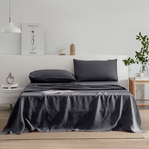 EVERLY Linen Queen Sheets Set, 100% Stonewashed French Linen Bed Sheets Deep Pocket Sheets, 4 Pieces (1 Flat Sheet, 1 Fitted Sheet, 2 Pillowcases) Natural Flax Bedding Set-Dark Grey