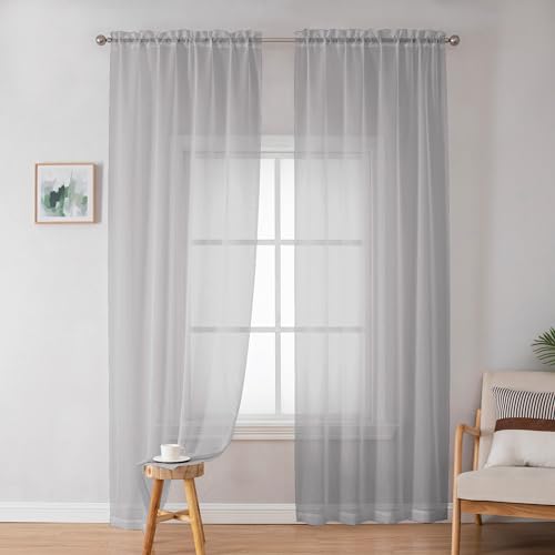 Image of OWENIE Light Grey Sheer Curtains 84 inches Long 2 Panels Set for Bedroom Living Room, Soft Solid Living Room Sheer Curtain, Rod Pocket Light Filtering Farmhouse Curtains, 2 Pcs Each 42 inch W x 84 inch L