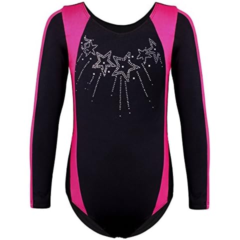 HUANQIUE 3-11Y Girls Bling Bling Star Gymnastic Leotard Sleeveless One Pieces Bodysuit Sportswear Dance Costumes (HotPinkBlack Long, 5-6Y(Tag No.6A)) Cover