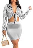 Women's Club Night Out Dress-Sexy Long Sleeve 2 Piece Outfits Tie Front Crop Top and Mini Bodycon Sk