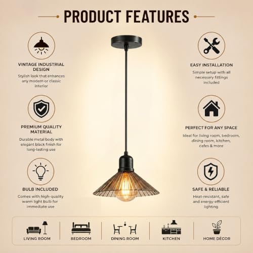 Image of XERGY Modern Pendant Ceiling Light Fixture, Black Hanging Lamp with Vintage Industrial Design for Living Room, Bedroom, Dining Room, Kitchen & Home Decor (Bulb Included)
