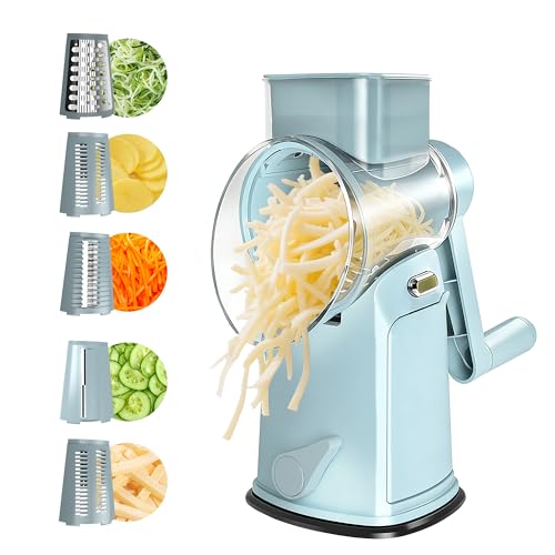 Rotary Cheese Grater with Handle - Compact Multi-Function Vegetable Shredder with 5 Sharp Blades & Strong Suction Base, Easy to Use Round Mandoline Slicer for Kitchen, Cooking, Camping & Travel