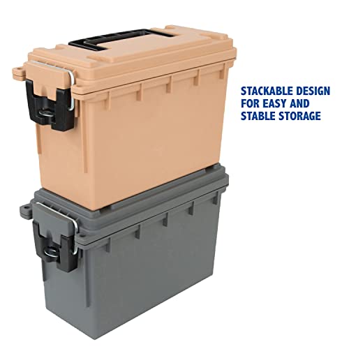 Image of Sheffield 12627 Ammo Storage Box, Stackable .30 Cal Field Boxes, Water and Dust Resistant, Lockable Storage Box with Handle, Secures Hunting Gear, Supplies, and Bullets, Made in USA, Tan, (Pack of 6)