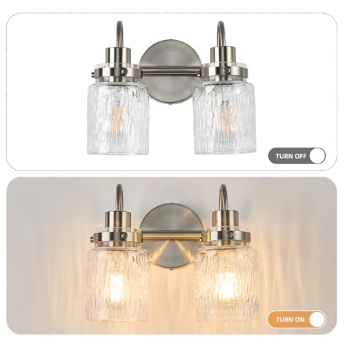 Image of 2 Lights Hammered Glass Bathroom Vanity Light,Brushed Nickel | Easy Installation,Up or Down,Farmhouse Modern Style,E26 Socket,ETL Certification
