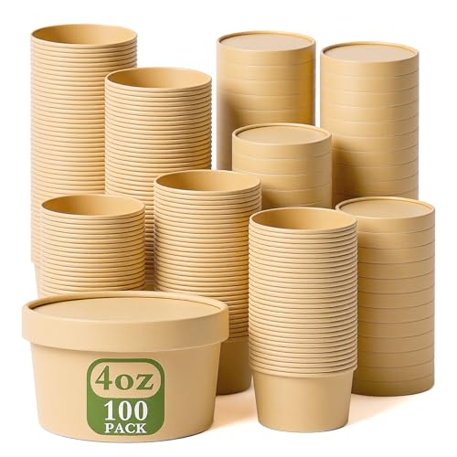 100 Pcs 4oz Ice Cream Cups with Lids Paper Soup Containers Food Containers