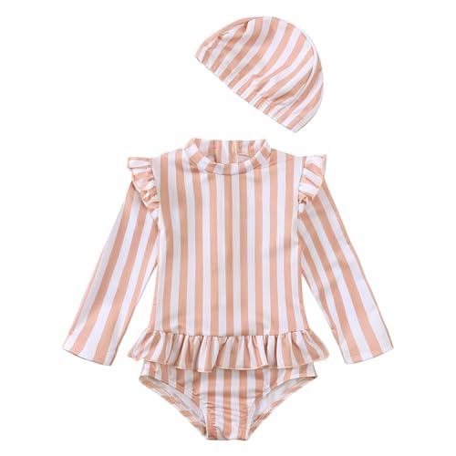 Generisch Traje de baño floral de manga larga para niños y bebés, 1 pieza, bikini con sombrero, Rosa claro., 12-24 meses