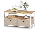 Adecuado para usos múltiples: esta mesa de centro rectangular con compartimento de almacenamiento abierto en el medio donde puede almacenar muchos artículos. 2 cajones de tela grandes pueden proporcionar un amplio espacio de almacenamiento para llaves, controles remotos, vasos, etc. Las necesidades pueden estar al alcance cuando más las necesite. 1 estante hace que sea más conveniente colocar libros, tazas, revistas, etc. Fácil acceso mientras se relaja en el sofá.
