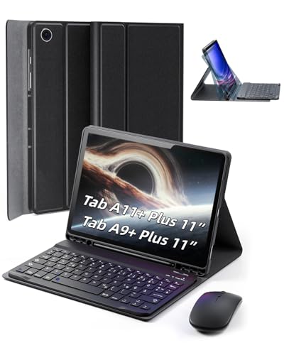 für Samsung Galaxy Tab A11+ PLUS (2025)/Tab A9+ Plus (2023) Hülle 11 Zoll mit aufladbarer kabellose Bluetooth Deutsche Zeichen Tastatur (QWERTZ) und Maus Schlitzhülle Magnetisch Keyboard case Schwarz