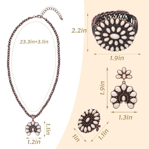 4 PCS Western Turquoise Jewelry for Women Boho Vintage Navajo Pearl Necklace Earring Bracelet Ring Set Country Cowgirl Accessories for Gift4