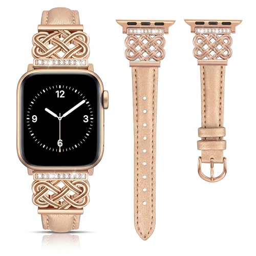 Image of Compatible with Apple Watch Bands Women 38 /40 /41 /42mm Dressy Slim Leather Strap with Designer Celtic Knot Interlock Buckle Bracelet for iWatch Series 11 10 9 8 7 6 5 4 SE 3 2 1