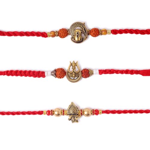 Image of Premium Set of 3 Rakhi for Brother with Greeting Card | Raksha Bandhan Trishul Design Rakhee Thread | Shivling & Ganesha Rakhi Gift Set for Brother, Bhaiya & Bhabhi | Traditional Designer Rakhi Combo
