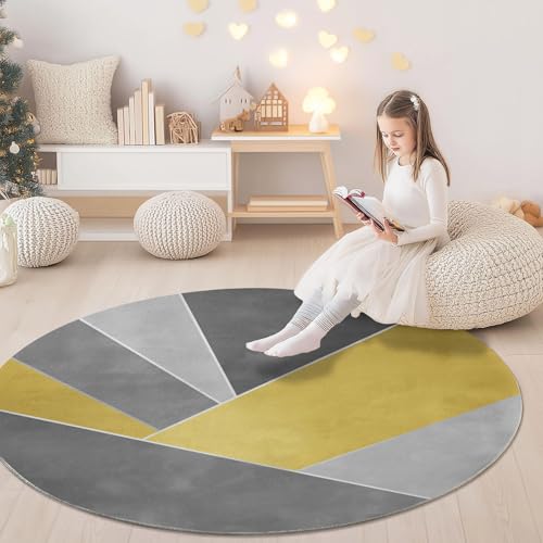 Tapis de salon rond moderne tapis doux imprimé géométrie jaune