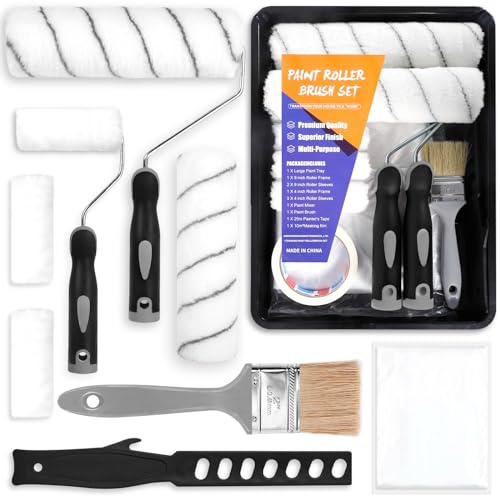 ENCOUN 12Pcs Rodillos Pintura Set, Rodillo de Pintura Antigoteo, Rodillos para Paredes y Techos, Rodillo Pintura Paredcon Bandeja, Cinta carrocero, Pintar Paredes para Decoración del Hogar