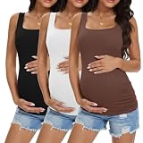Ekouaer Maternity Tank Tops 3 Pack Square Neck Pregnancy Shirts for Women Summer Ruched Side Sleeveless Pregnant Clothes Top Brown/Black/White M