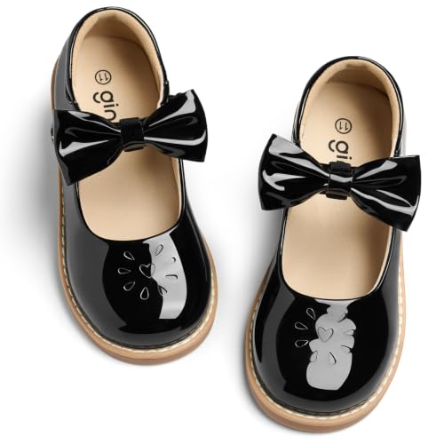 GINNI Toddler Girls Removable Bow Mary Jane Flats Dress Shoes for Wedding Birthday, Casual Ballet Flat for School Uniform Daily Wear, Patent Black Round Toe Oxfords for Baby Girl/Little Girl, Size 8T