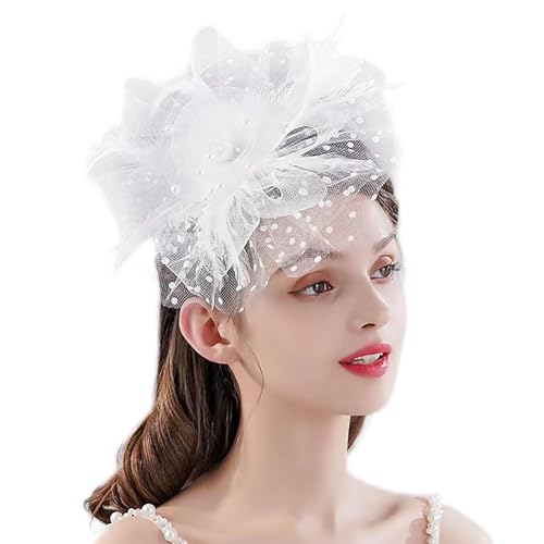 Fascinators Hat for Women Tea Party Headband Wedding Flower Cocktail Mesh Feathers Hair Clip Hat White