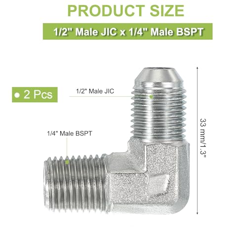 Image of PATIKIL 90 Degree Pipe Adapter, 2 Pcs 1 /2 inch Male 37 Flare JIC x 1 /4 inch BSPT Male Connector Carbon Steel Elbow Fitting for Air Hydraulic Fluid Fuel Water Oil, Silver