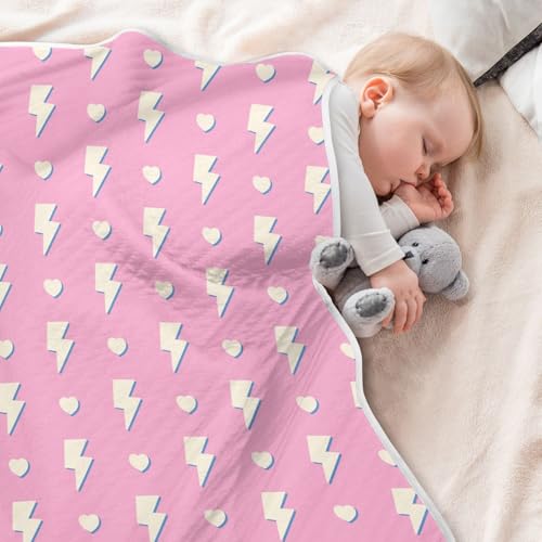 Image of Hearts Lightning Bolt Pink Baby Swaddle Blanket for Boys and Girls, Muslin Baby Receiving Swaddle Blanket, Soft Cotton Nursery Swaddling Blankets for Newborn Toddler Infant