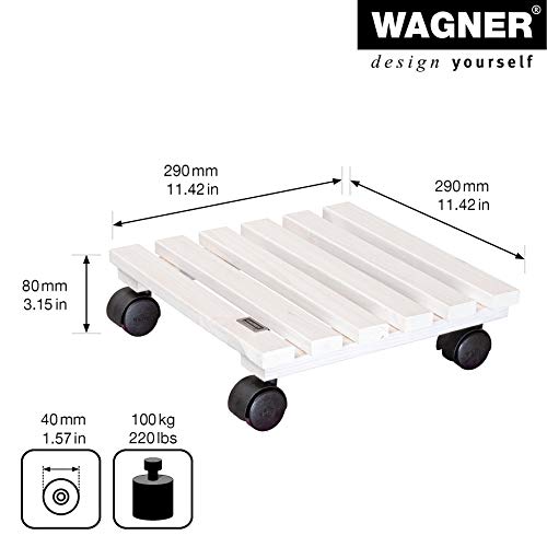 Wagner Pflanzenroller Nature 29 x 29 x 8 cm I Pflanzenroller für Innenbereich I Blumenroller aus FSC®-Massivholz, weiß I Kübelroller aus Holz I Tragkraft 100 kg I Made in EU - 20083001