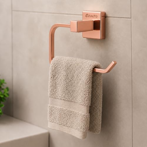 Image of JIALTO Rose Gold Finish Towel Ring - Wall Mounted Stainless Steel Rustproof Towel Holder for Bathroom and Kitchen - Square Hand Towel Hanger for Wash Basin Toilet Sink Area (Pack of 2)