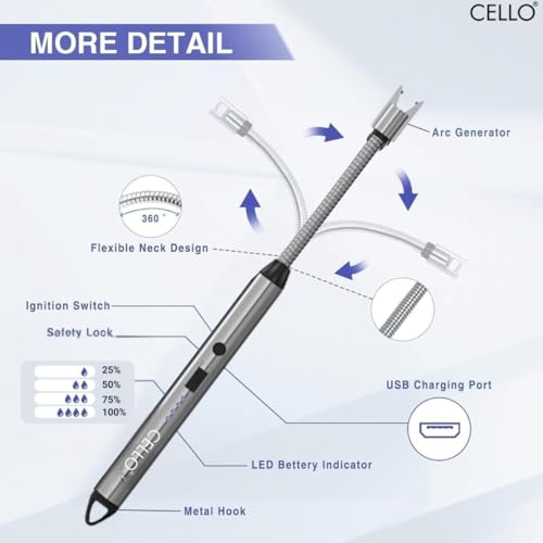 Image of Cello Rechargeable Electric Gas Lighter for Cooking Gas Stove, Kitchen, Pooja Candles & Diyas | USB Charging, Windproof, 360 Flexible Lighter - (Silver)