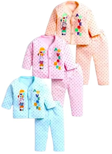 KIDS PARYANIS Baby Boy and Baby Girl’s Fabulous Collection of Printed Full Sleeves Soft Hosiery Cotton Vests,Jhabla T-Shirt with Pyjama Pants Dress for Kids Infant Toddler Set OF 3