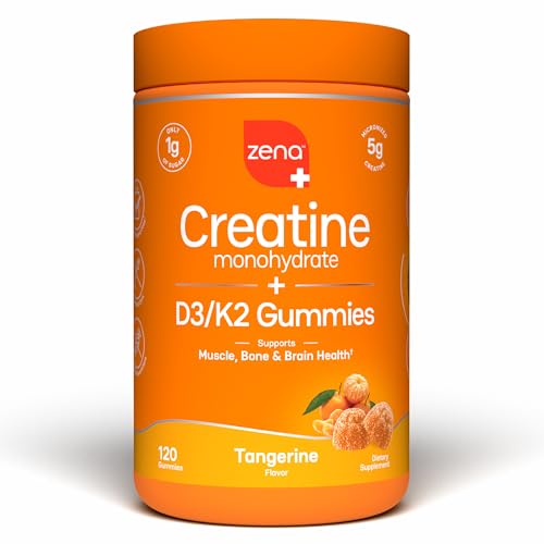 Zena Nutrition Creatine Gummies with D3 & K2, Creatine Monohydrate for Men and Women, Supports Bone, Muscle, & Cognitive Health, Gummy Workout Supplement, Tangerine Flavor, 120ct, 30 Daily Servings