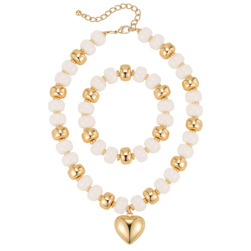 VNOX Schmuckset Sommer Damen Halskette und Armband - Weiß Harz Perlenkette Armband