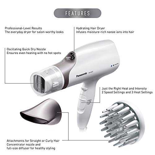 Panasonic Nanoe Salon Hair Dryer With Oscillating Quickdry Nozzle, Diffuser And Concentrator Attachments, 3 Speed Heat Settings For Easy Styling And Healthy Hair - Eh-Na67-W (White) #TOP1