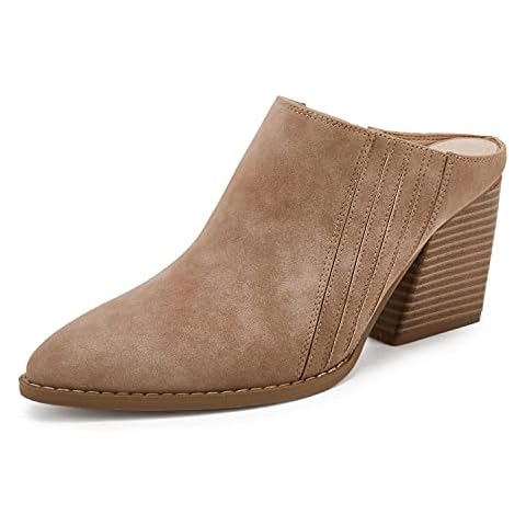 Womens Backless Chunky Mules Shoes Slip On Pointed Toe Stacked Heel Western Boots, Camel, 5.5 UK Cover