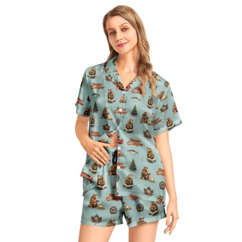 Image of Funny Satin Pajamas Set for Women Button Down Sleepwear Print Pjs Set 2 Piece Short Sleeve Loungewear Gift for Women