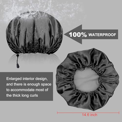 Image of Shower Cap For Women Men 3PCS Shower Caps For Women Waterproof Shower Cap, Reusable Shower Cap Long Hair Bonnet Set For Kids With Black Gold Pink Bath Cap. (F- Multi)