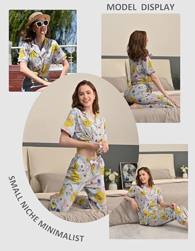 Image of NAP BOUND 100% Cotton Women's Pajama Sets Short Sleeve Button Down Soft Pjs 2 Piece Lounge Set with Pocket Nightwear XS-XXL