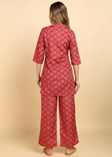 Image of Cotton Printed Co-ord Set, Red Rose, 3 /4 Sleeve Top with Mandarin Neck, Regular Fit Pants, Casual Wear