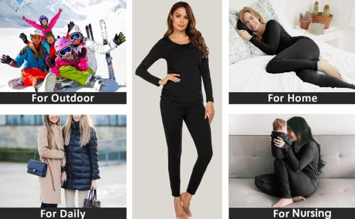 Ekouaer Maternity Thermal Underwear For Women Ultra Soft Smooth Knit Henley Long Johns Set Base Layer Top & Bottom (Black Xxl) #TOP3