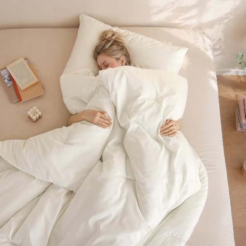 Image of weigelia Super-Soft Micorfiber Comforter Set - Twin Size Cream White Lightweight Warmth Comforter for All Season Use, Machine Washable White Bedding Set (1 Comforter, 1 Pillowcases)