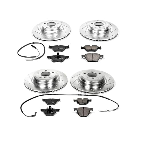Image of PowerStop Front and Rear Brake Kit for BMW 330xi 2006 - Drilled and Slotted Disc Rotors with Carbon-Fiber Ceramic Brake Pads Replacement, K5768