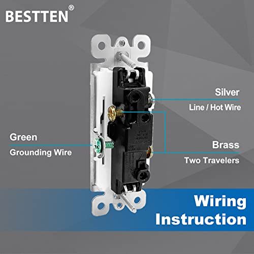 [4 Pack] Bestten 3-Way Decorator Wall Light Switch With Wallplate, 15A 120/277V, On/Off Rocker Paddle Interrupter, Ul Listed, White #TOP3