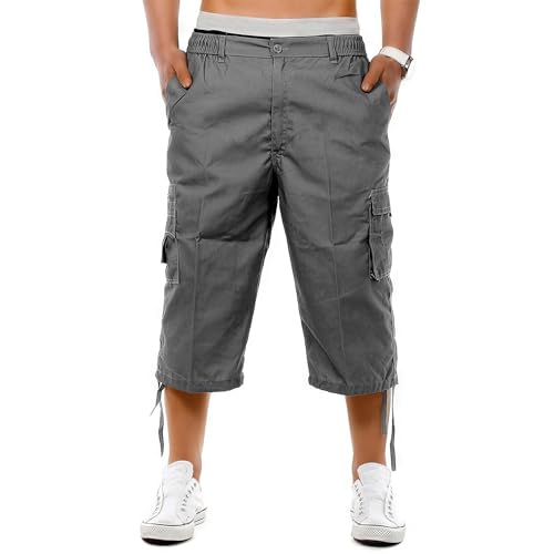 westAce Mens 3/4 Shorts Elasticated Waist Cargo Long Shorts Summer Cotton Multi Pocket Combat Pants M L XL 2XL 3XL, Charcoal, 3XL