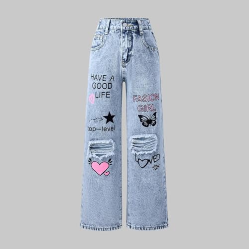 Girls Ripped Jeans Baggy Straight Leg Denim Pants Embroidered Graphic High Waist Streetwear Y2k Trousers with Pockets3