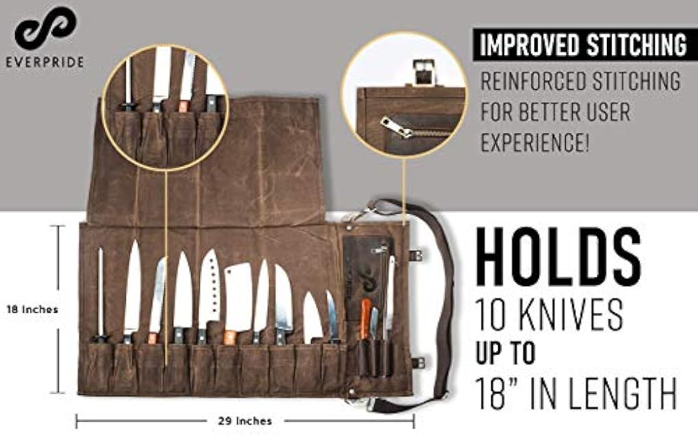 EVERPRIDE Waxed Canvas and Leather Chef Knife Roll Bag for Professional Chefs