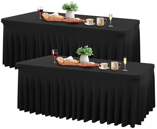 Wish Care 2 Pack Black Spandex Table Cloths - Fitted, Wrinkle Free, 6ft Rectangle Table Cover for Party, Banquet, Wedding & Events