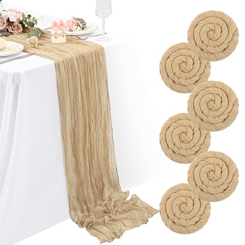 6 Packs Beige Cheesecloth Table Runner,Cheesecloth Table Runners Gauze Boho Rustic Table Runners for Wedding Bridal Shower Birthday Party Table Decor.(55x180 cm)