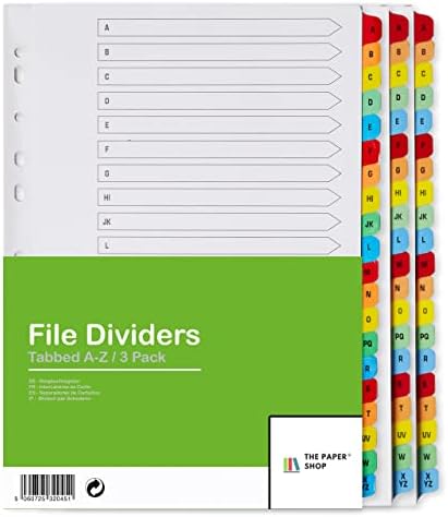 [3 Pack] A4 File Dividers A-Z Tabs | A4 Alphabetical Subject Dividers A-Z with Multipunched Reinforced Colour Tabs 150gsm