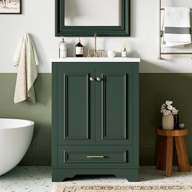 24 Modern Green Bathroom Vanity with 2 Doors & 2 Drawers, Freestanding, Soft Close Doors, Ceramic Sink