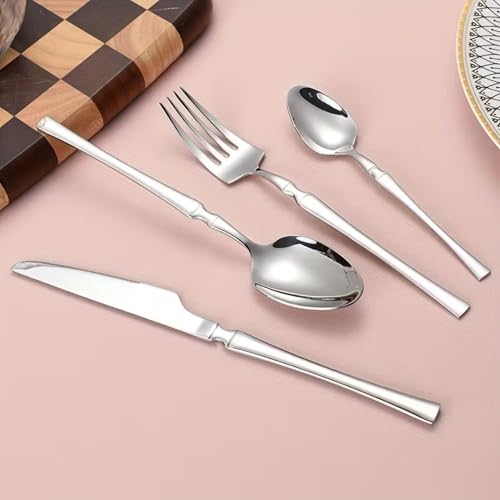 Image of 4 Pcs Silver Slim Handle Stainless Steel Cutlery Set for Dining Table with Spoon and Fork Set & Butterknife - The Perfect Tableware /Flatware