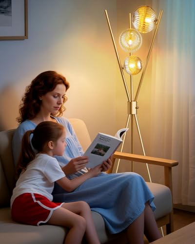 Image of Lightdot Dimmable Tripod Floor Lamp Gold Art Deco Floor Lamp with Brown Globe Glass Lampshade 3Pcs Bulbs Included Tripod Standing Lamp for Living Room /Bedroom /Sofa Beside /Corner Decor