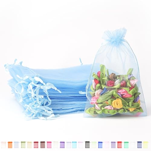 POPOYU 100Pcs Sachet Organza Bleu, 10×15cm Pochette Bijoux, Sachet Lavande Vide, Tulle Dragées, Sachet Dragees, Pochon Bijoux, Sac Organza, Sac Cadeau Tissu,...