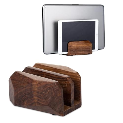 DnU Avenue Premium Vertical Laptop Stand – Wooden Dock for MacBook & Laptops | Dual Dock Slot | Ergonomic Desktop Holder & Space-Saving Office Desk Accessory (Indian Rosewood)